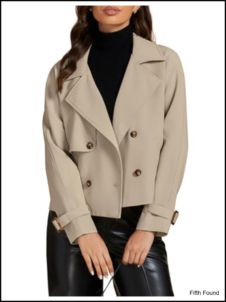 Cropped Trench Coat Women Long Sleeve Double Breasted Notched Lapel Loose Fit